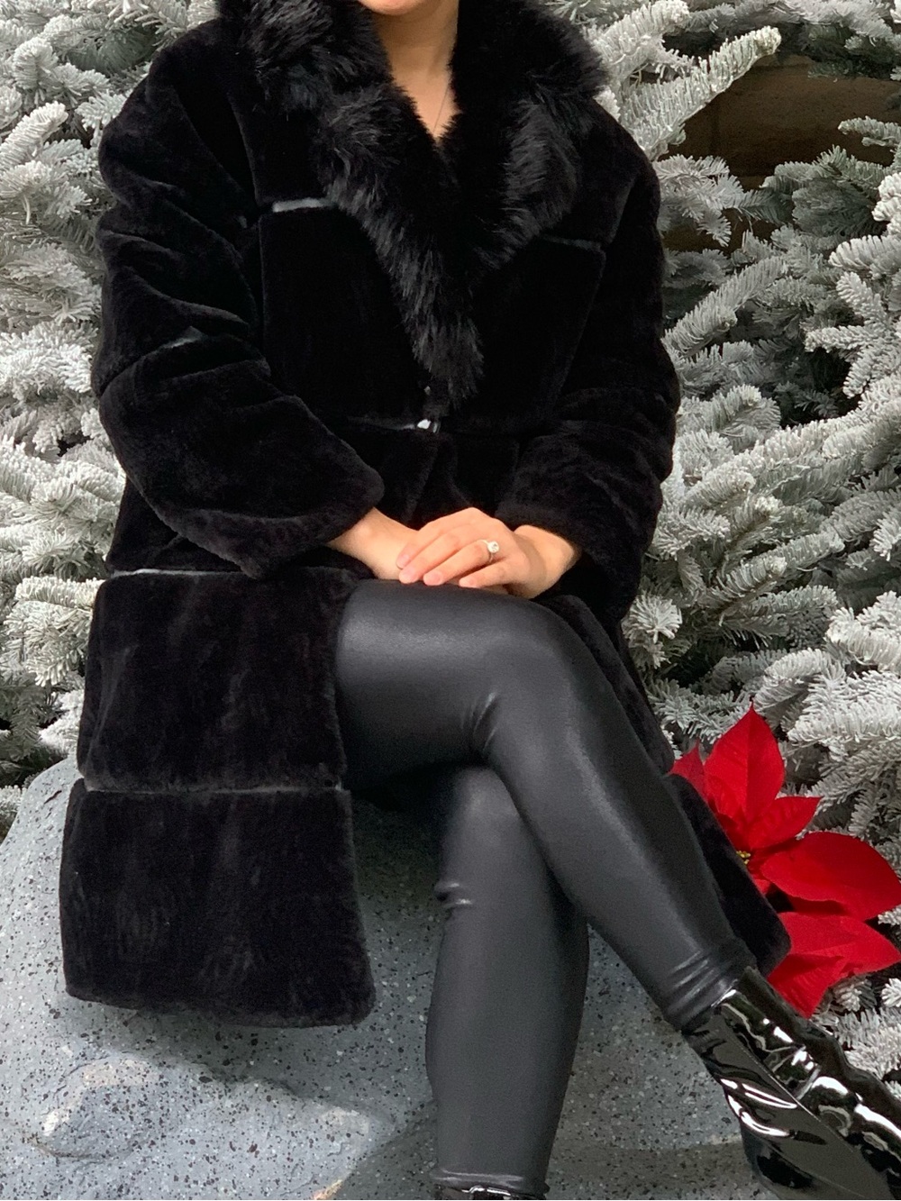 Women's Black Faux Fur-Trim Trench Coat